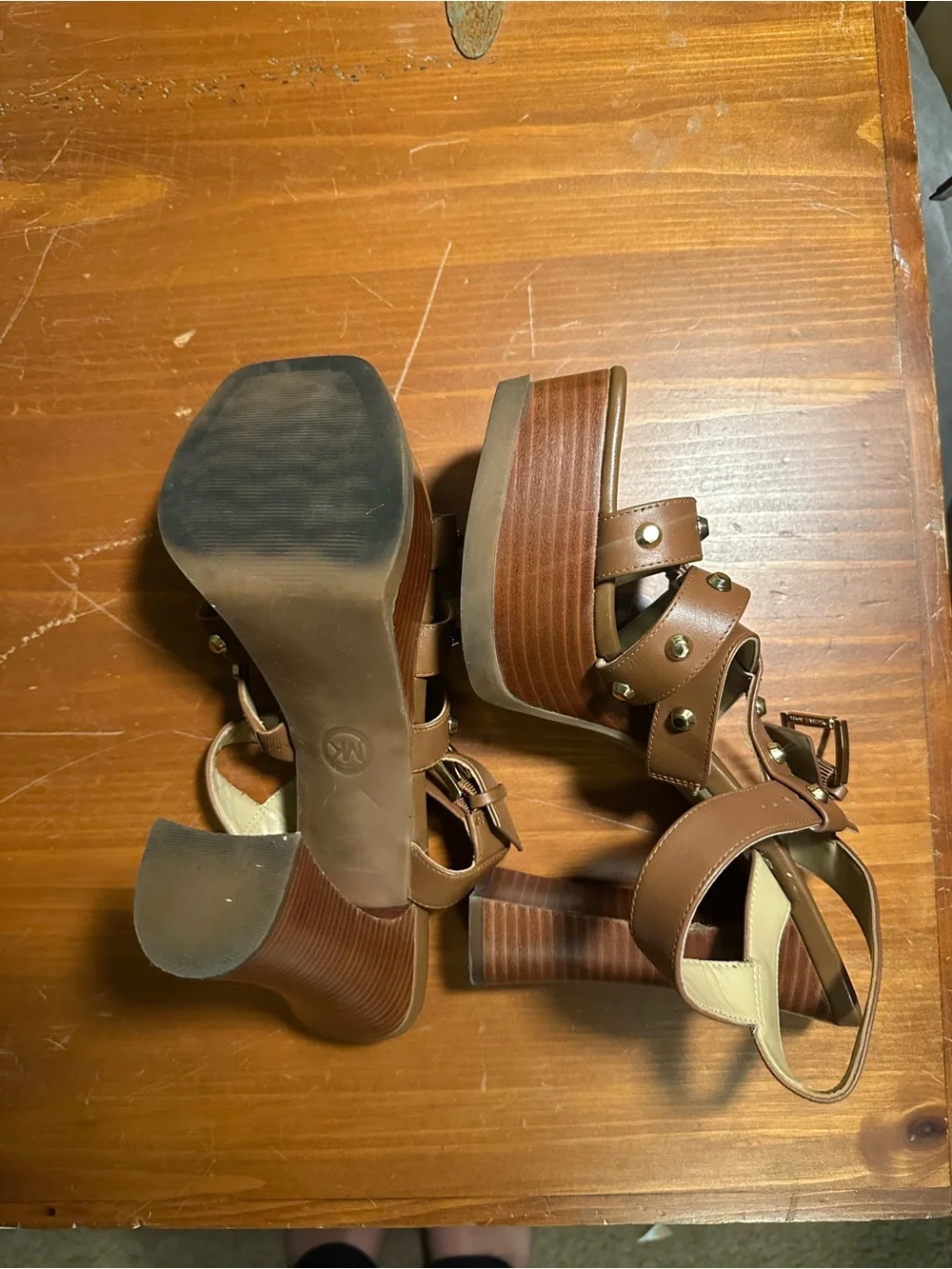 Michael Kors Brown Leather Platform Block Heel Sandals with Studs